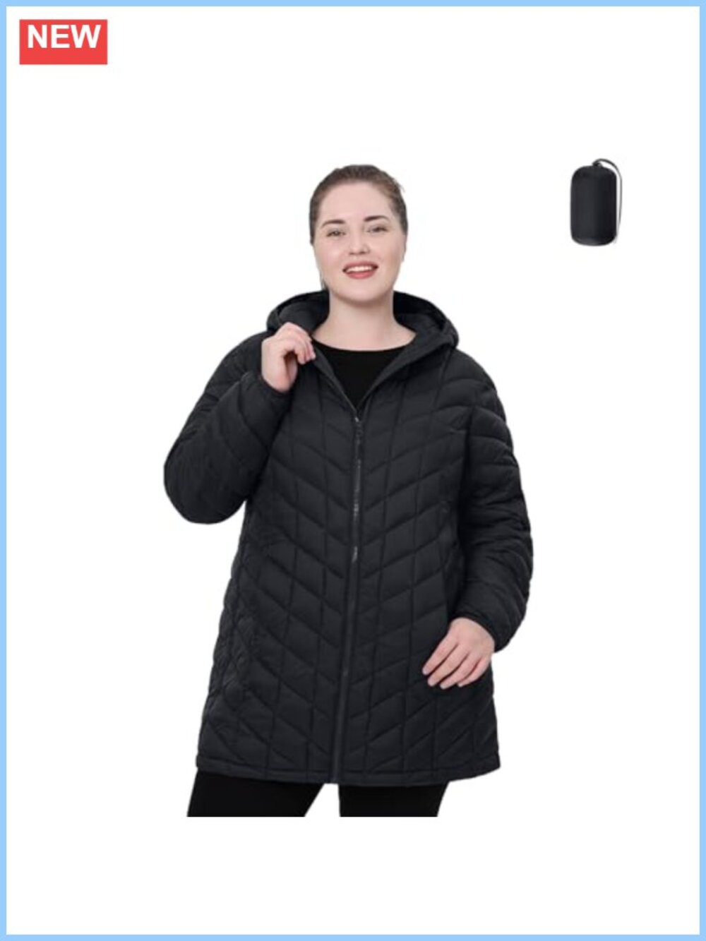 Plus Size Packable Puffer Jacket Water-Resistant Hooded Mid-Length Coat 1X-6X